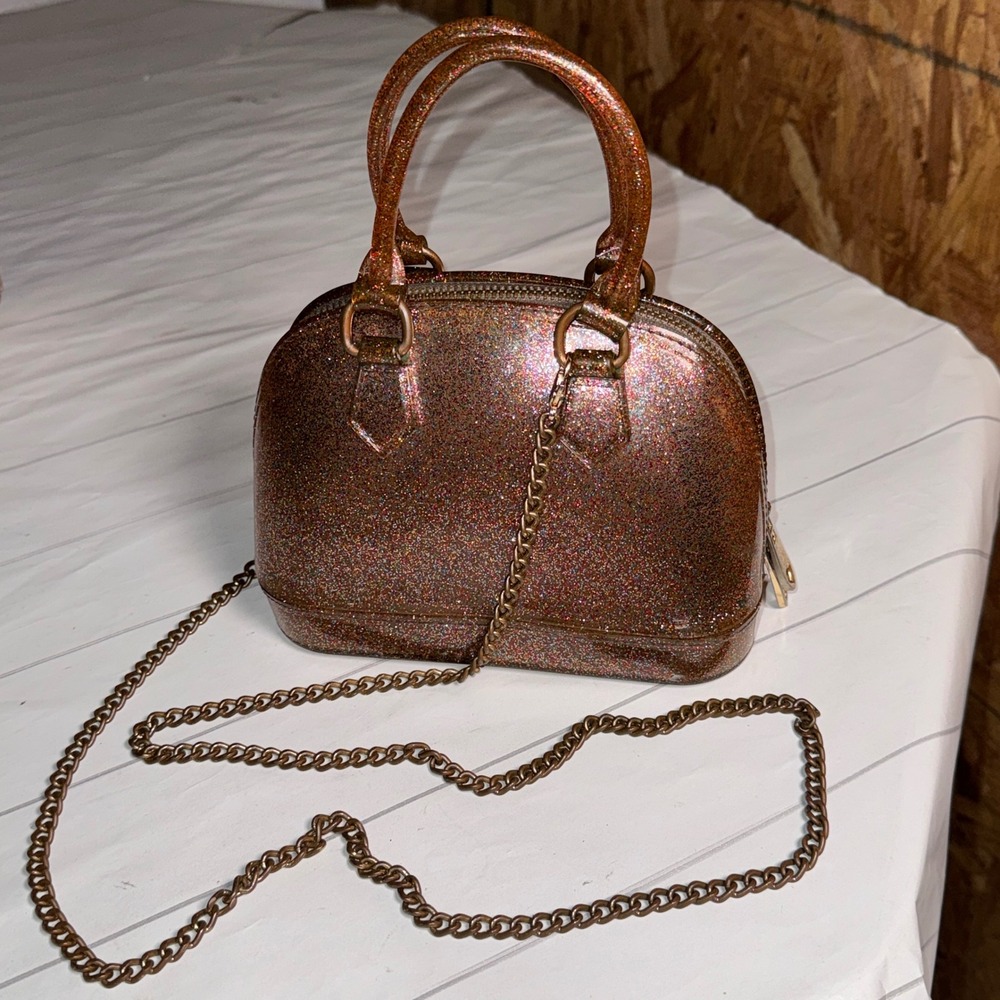 Mini Bronze Glitter Jelly Dome Satchel Crossbody Bag Rainbow Sparkle PVC
